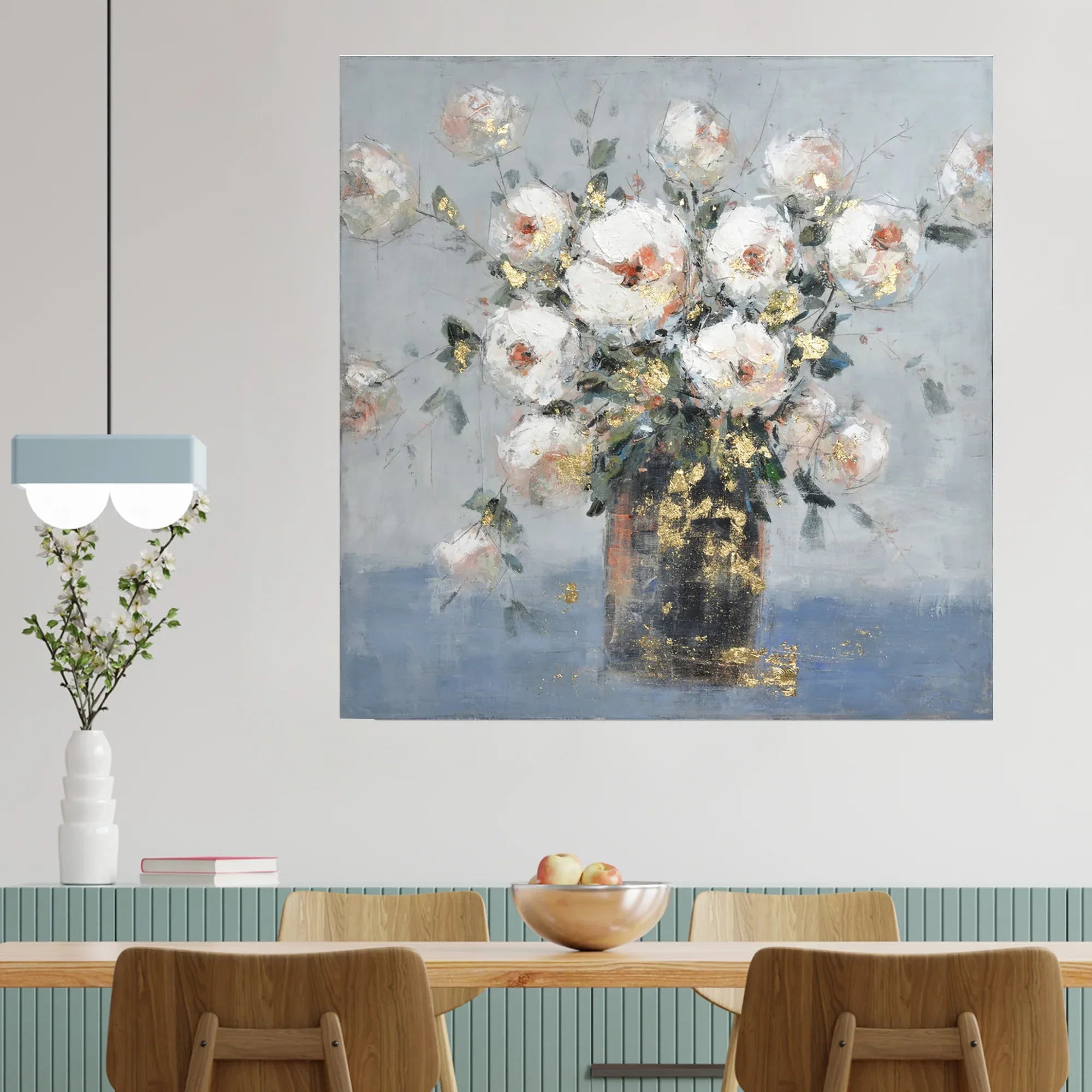 Ilona Blossom Handmade Canvas Painting With Gold Foil 120x120 Cm in White Colour - HomeTown