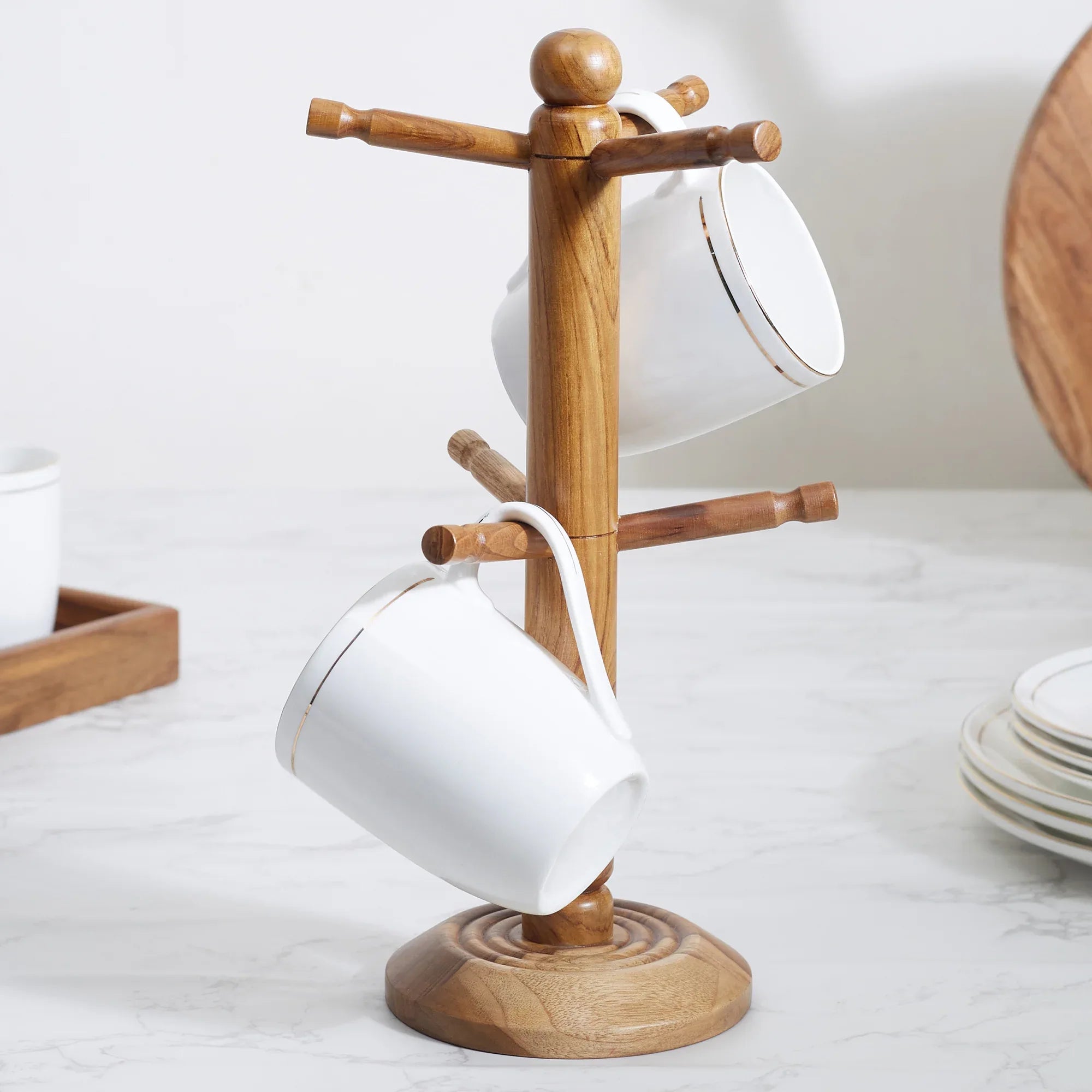 Beautiful Kitchen Wood Mug Tree/Stand/Holder in Brown Colour - HomeTown