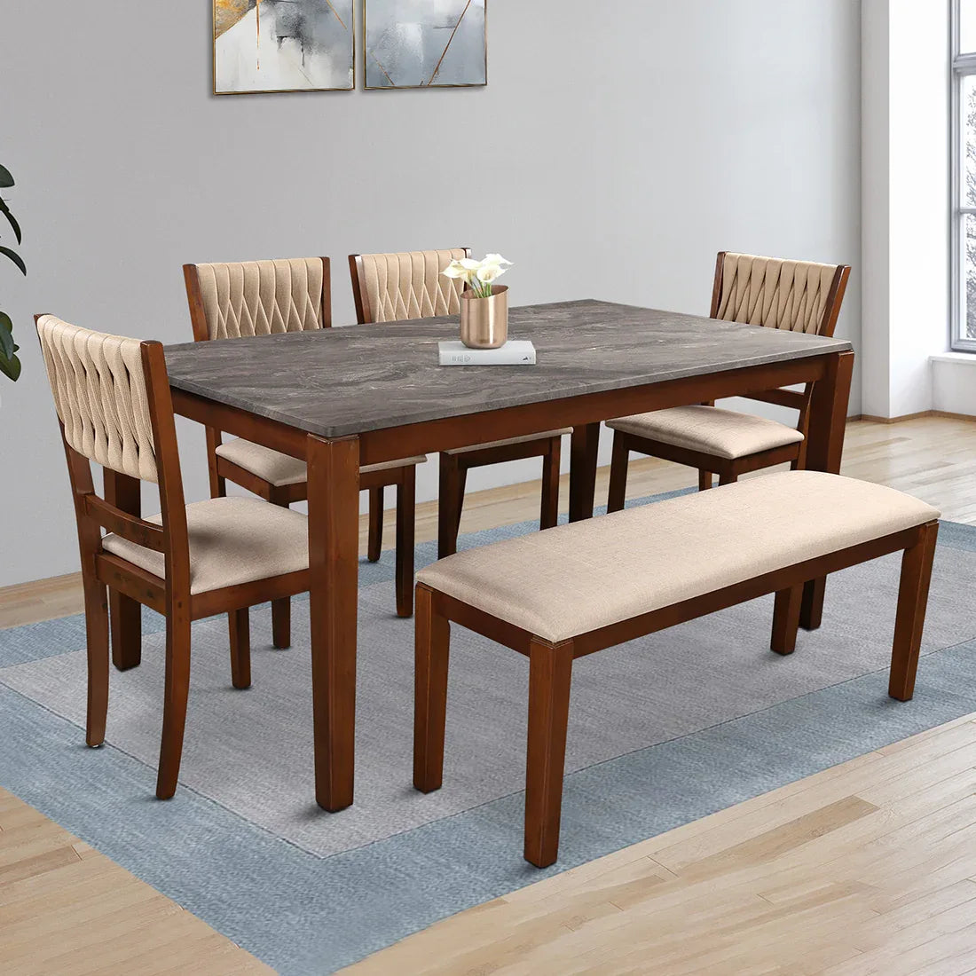 Quest Marble Top Six Seater Dining Set With Bench in Walnut Colour - HomeTown