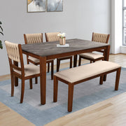 Quest Marble Top Six Seater Dining Set With Bench in Walnut Colour - HomeTown