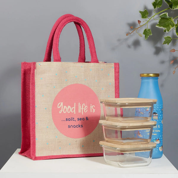 Good Life Jute Reversible Salt, Sea & Snack Printed Lunch Bag 25.5 x 25.5 Cm in Pink Colour dimensions