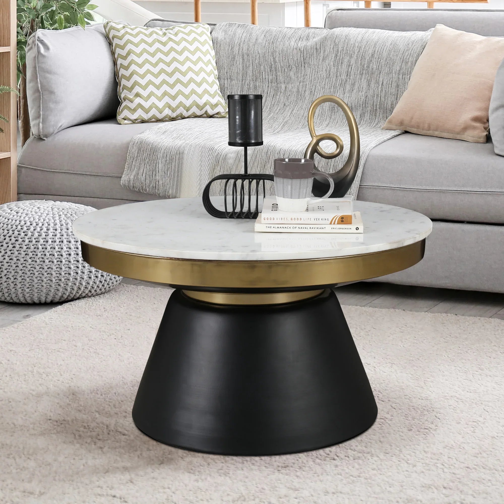 Chelsea Marble & Iron Center Table in White, Black & Gold Colour - HomeTown