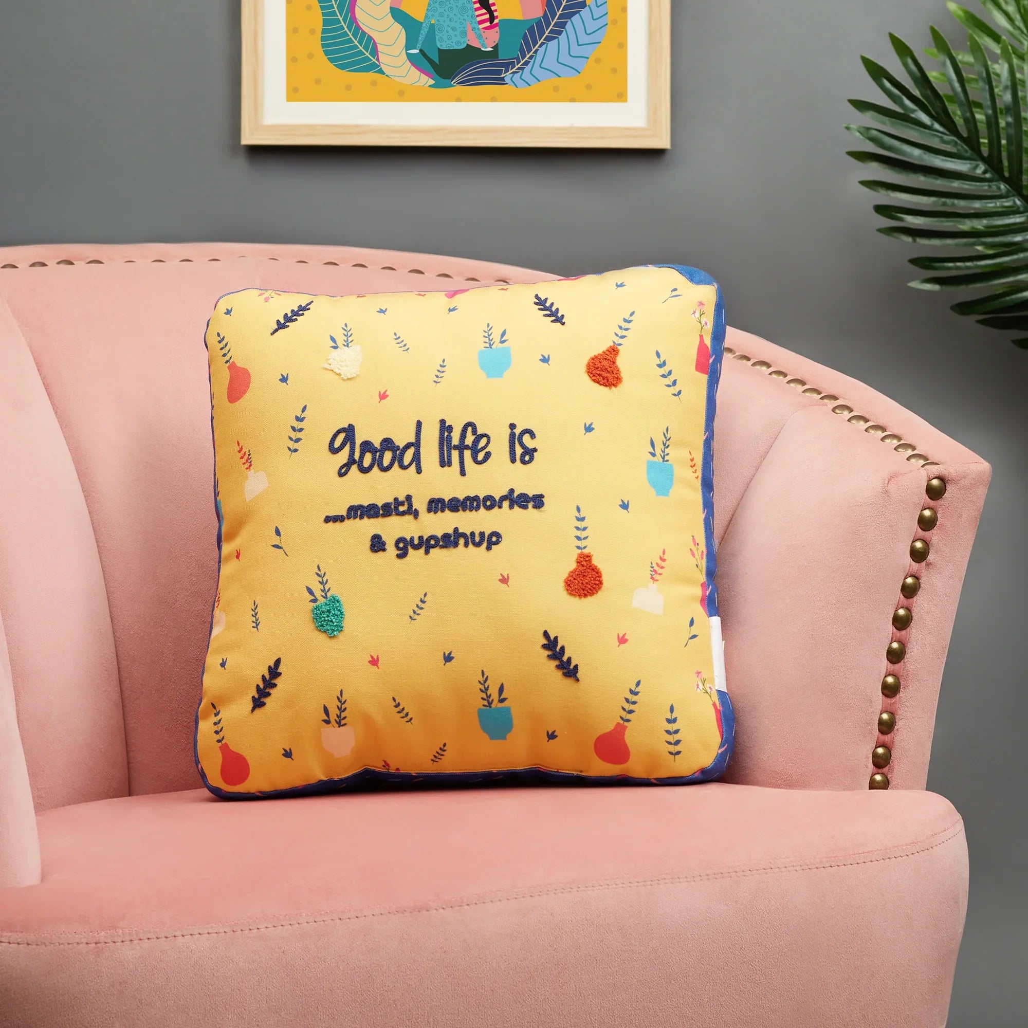 Good Life Reversible GupShup Digital Printed Shaped Cushion 40x40 Cm in Yellow Colour - HomeTown