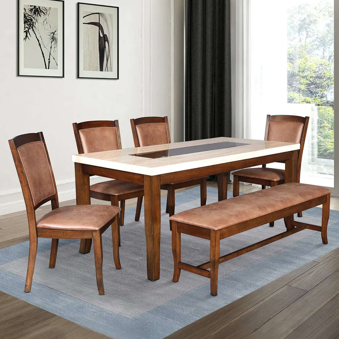 Nexus Marble Finish Six Seater Dining Set With Bench in Antique Cherry Colour - HomeTown