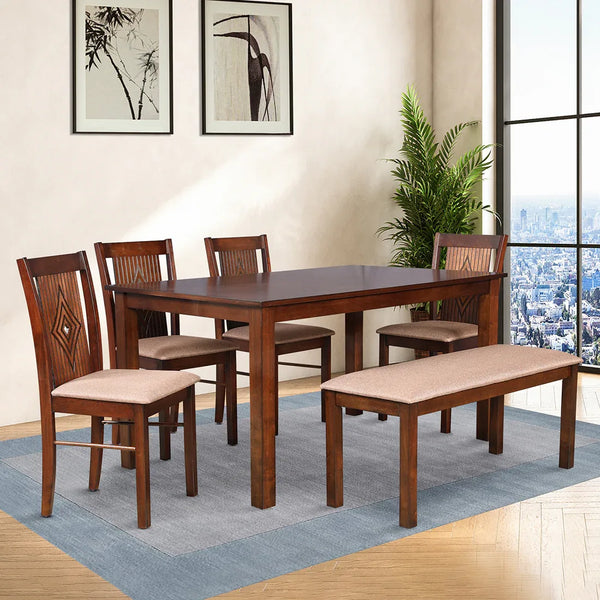 Aravali Rubberwood Six Seater Dining Set With Bench in Antique Cherry Colour dimensions