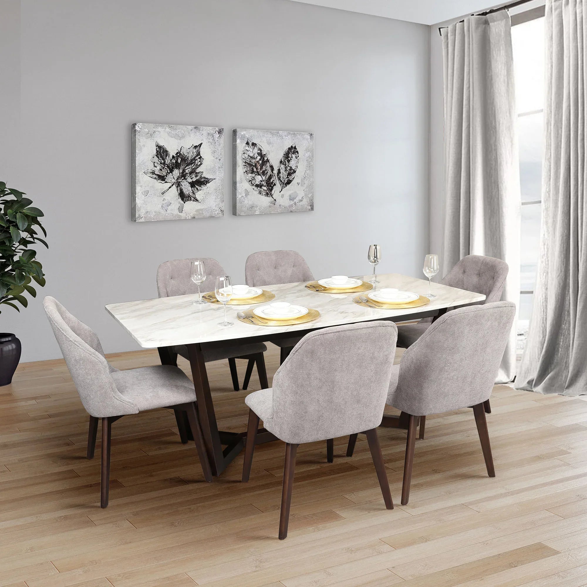 Bianco Marble Finish Six Seater Dining Set in Dark Walnut Colour - HomeTown