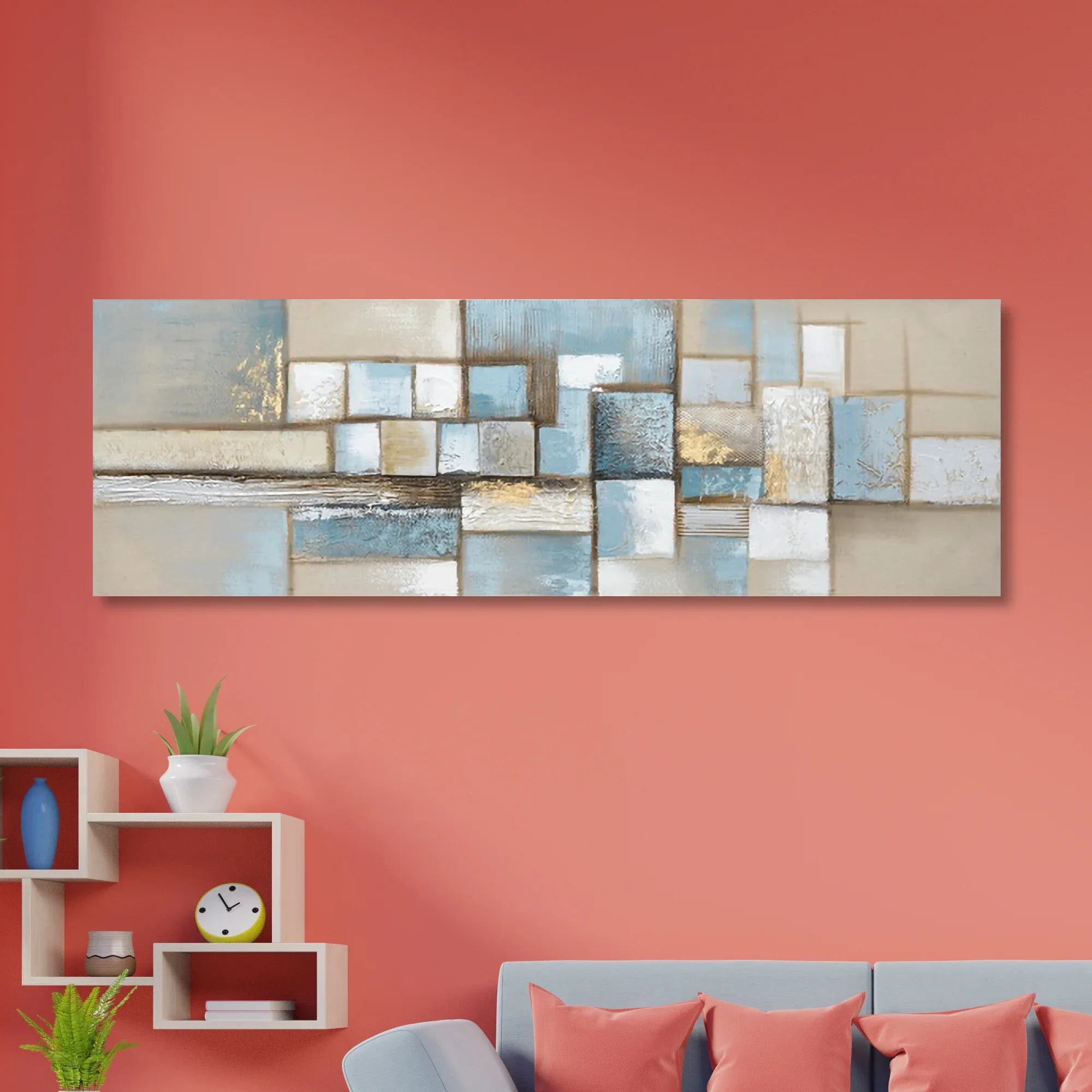 Ilona Abstract Geometric Handmade Painting On Linen Fabric 150x150 Cm in Light Blue Colour - HomeTown