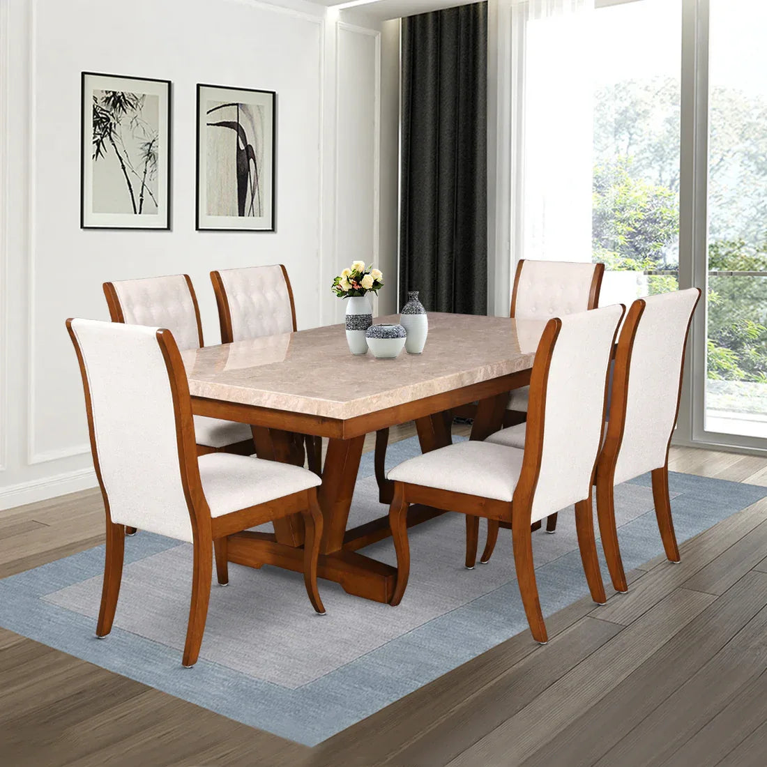 Florentine Marble Finish Six Seater Dining Set in Dark Walnut Colour - HomeTown