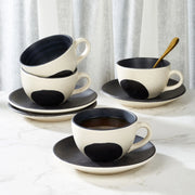 Artisanal Studio Pottery Stoneware Cup & Saucer Set of 4 in Black & Ecru Colour - HomeTown