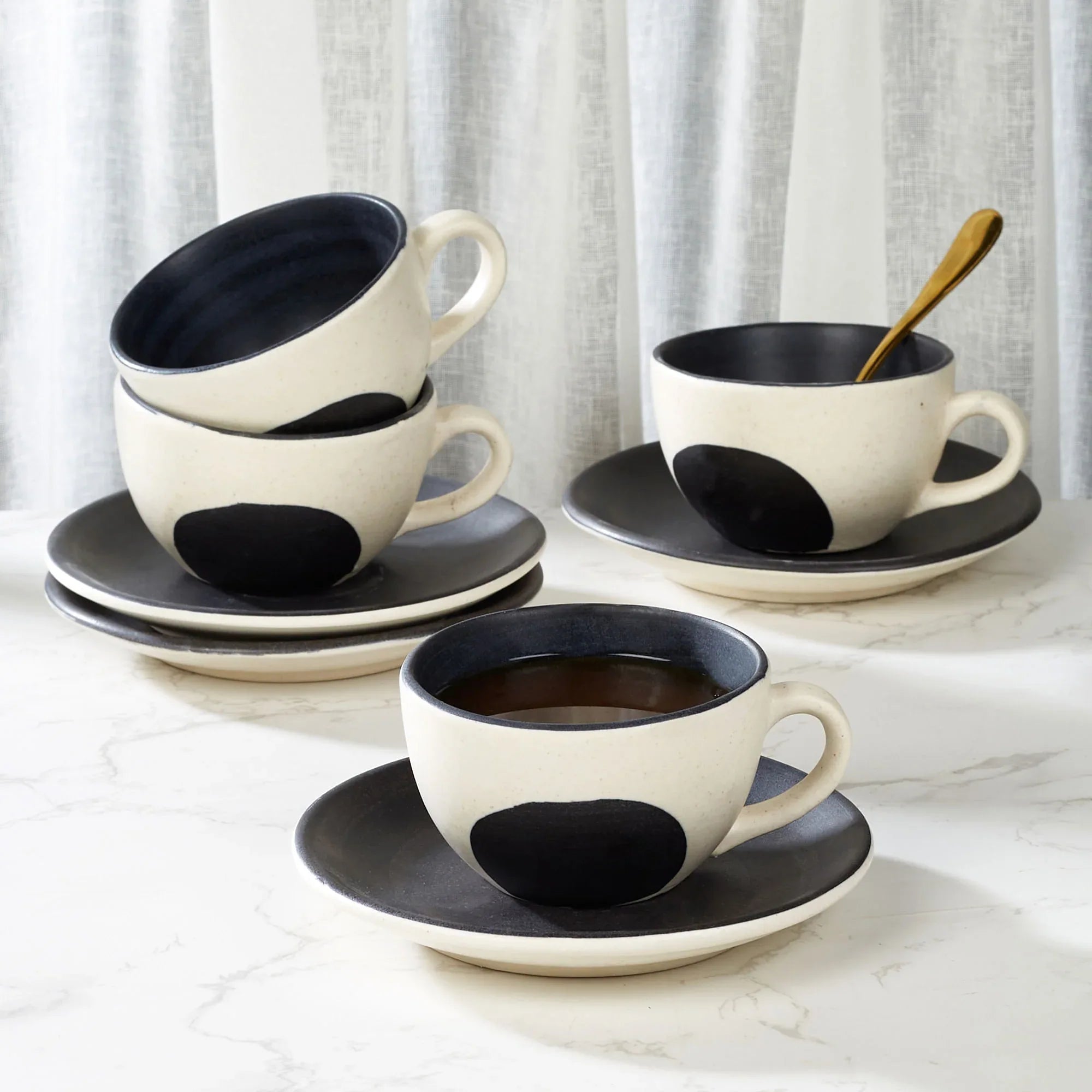 Artisanal Studio Pottery Stoneware Cup & Saucer Set of 4 in Black & Ecru Colour - HomeTown
