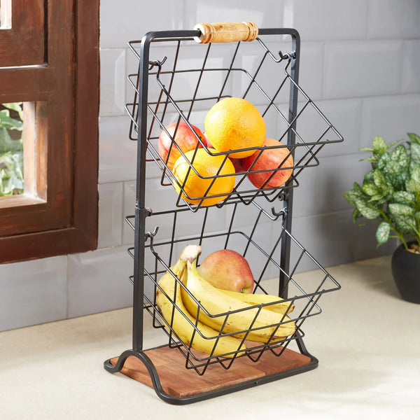 Lattice Metal and Wood Multipurpose- Space Saver- Two-Tier Swing Basket in Black Colour dimensions
