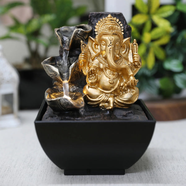 Impression Polyresin Meditating Ganesha Fountain 13X18Cm in Black Gold Colour - HomeTown