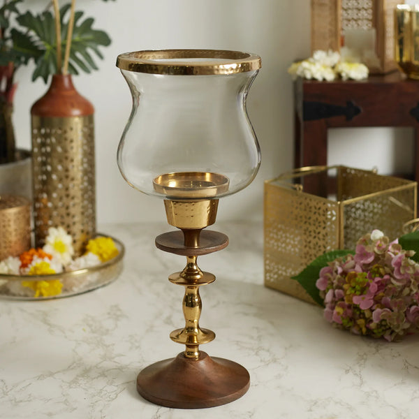 Nelumbra Metal, Glass and Wood Hurricane 16x39Cm in Gold Colour dimensions