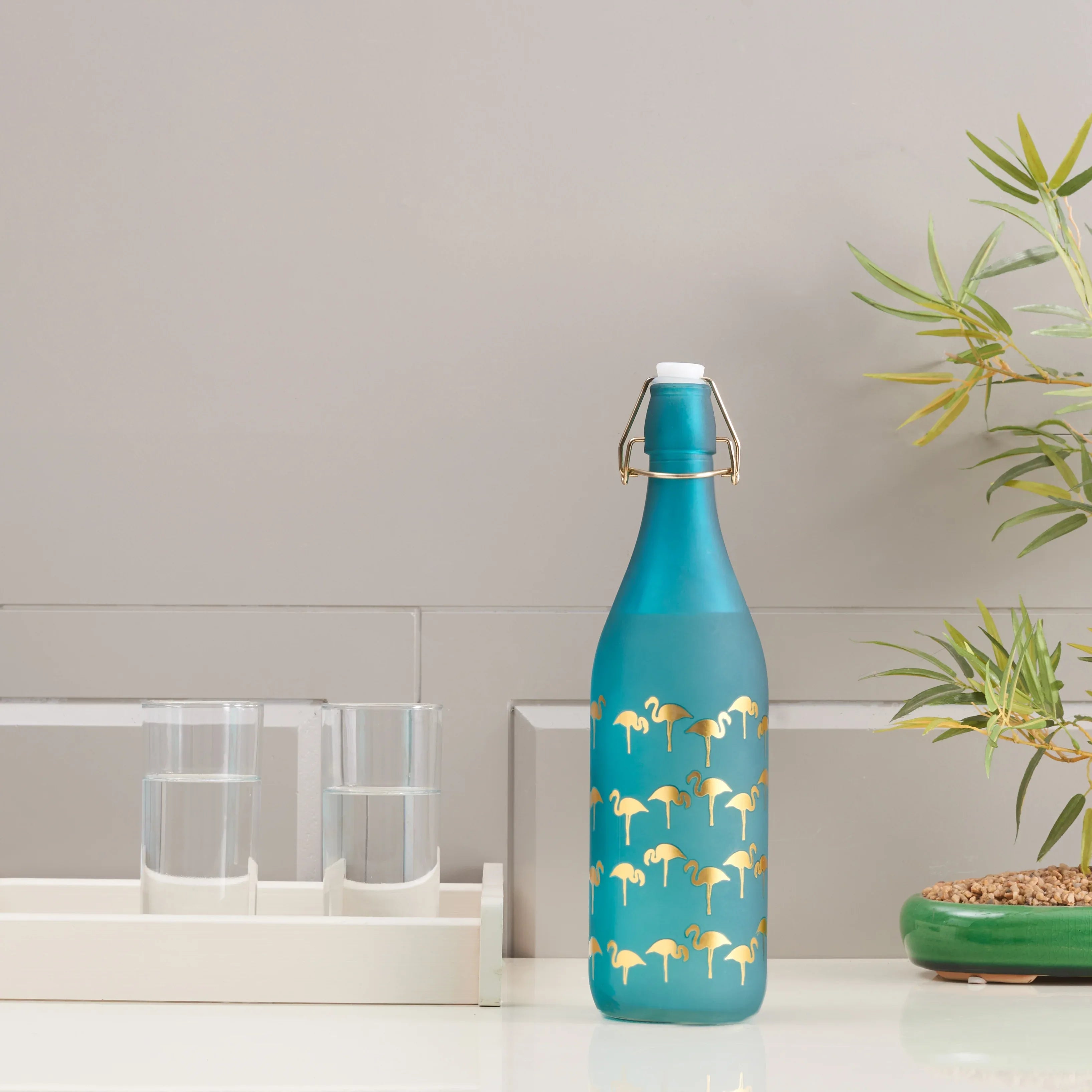 Bahamas Glass Teal Frosted Gold Bottle 1L in Teal Colour - HomeTown
