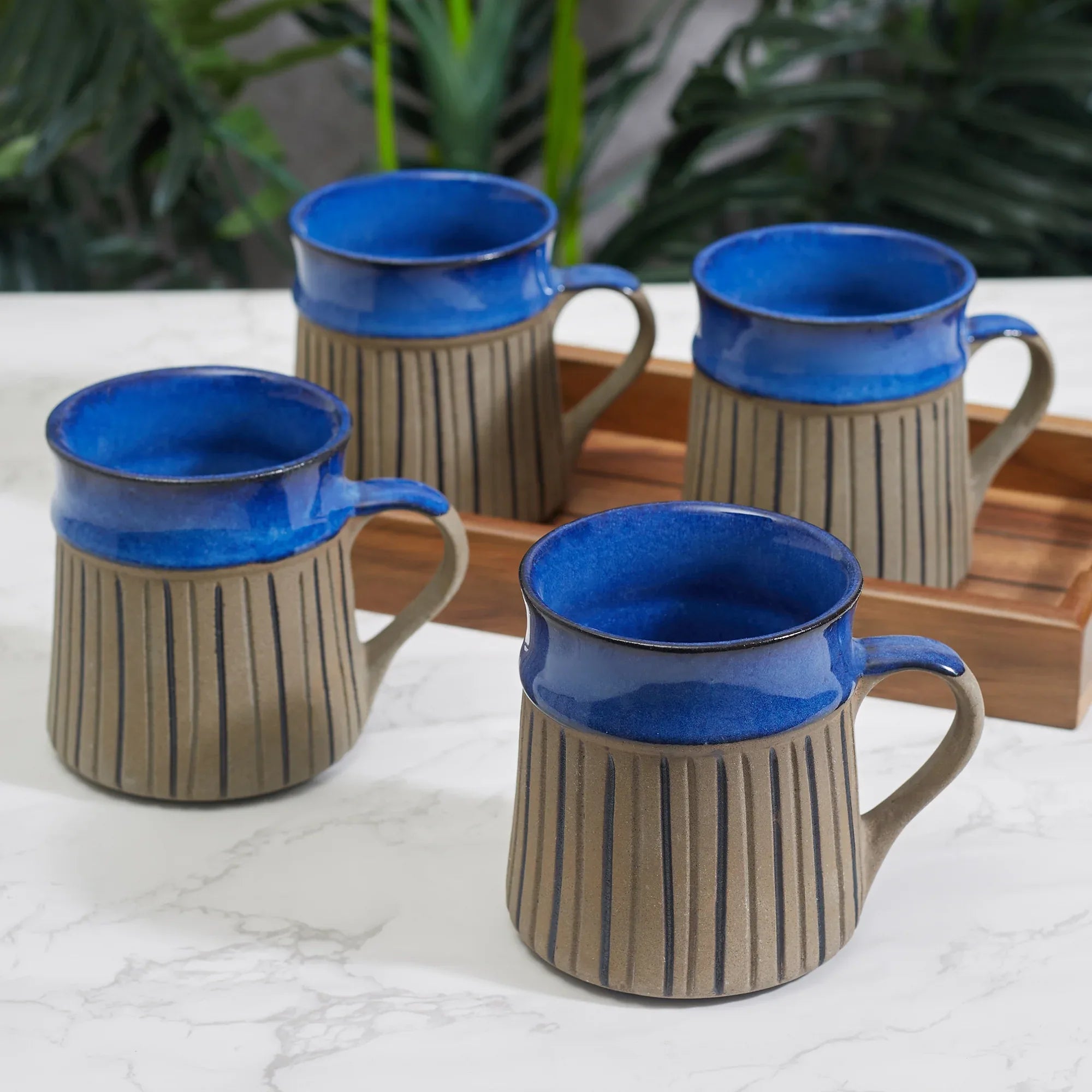 Fiesta Studio Pottery Unico Coffee Mug 300 ML Set of 4 in Cobalt & Brown Colour - HomeTown