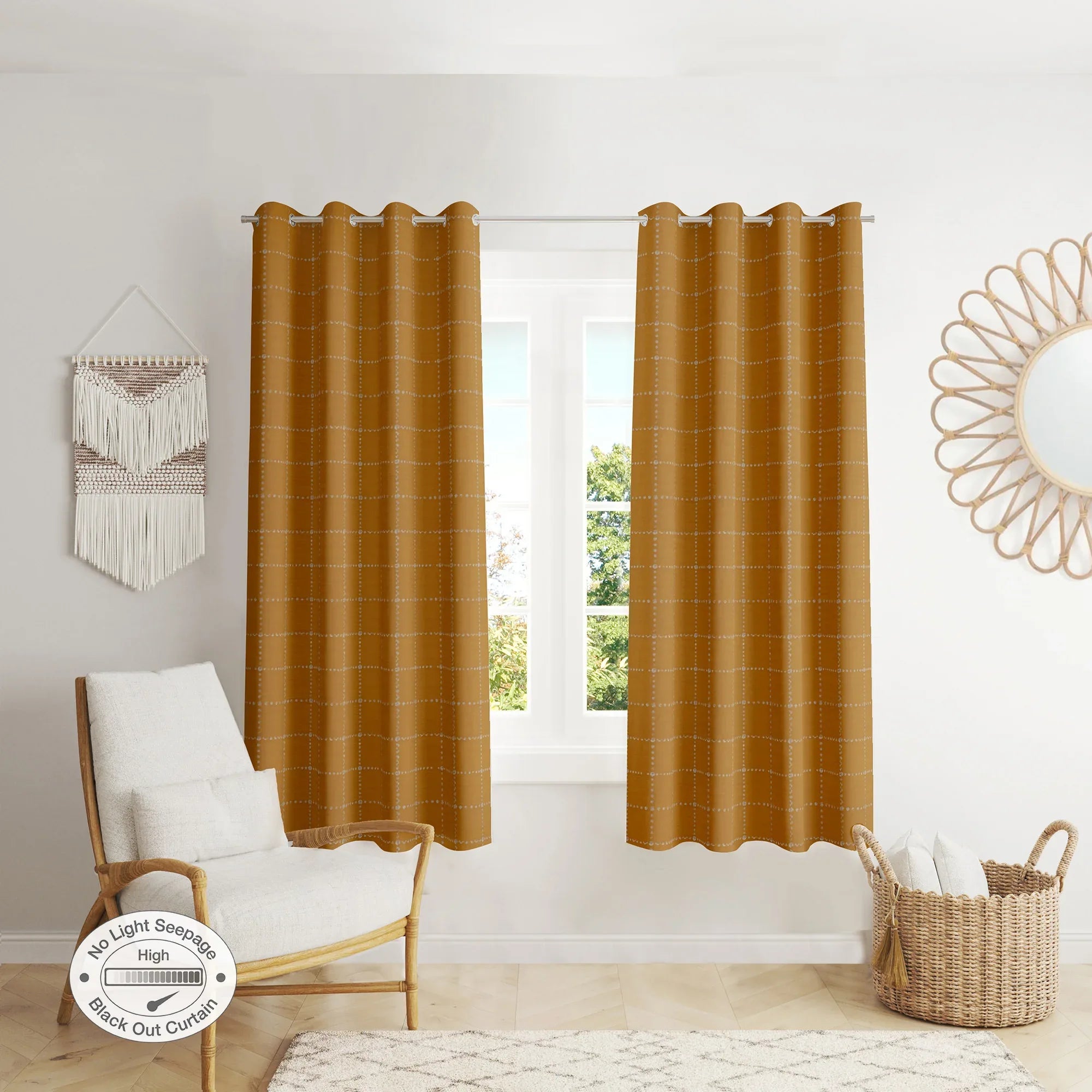 Emilia Set of 2 Foiled Double Layered Black Out Window Curtains 5 Feet in Mustard Colour - HomeTown