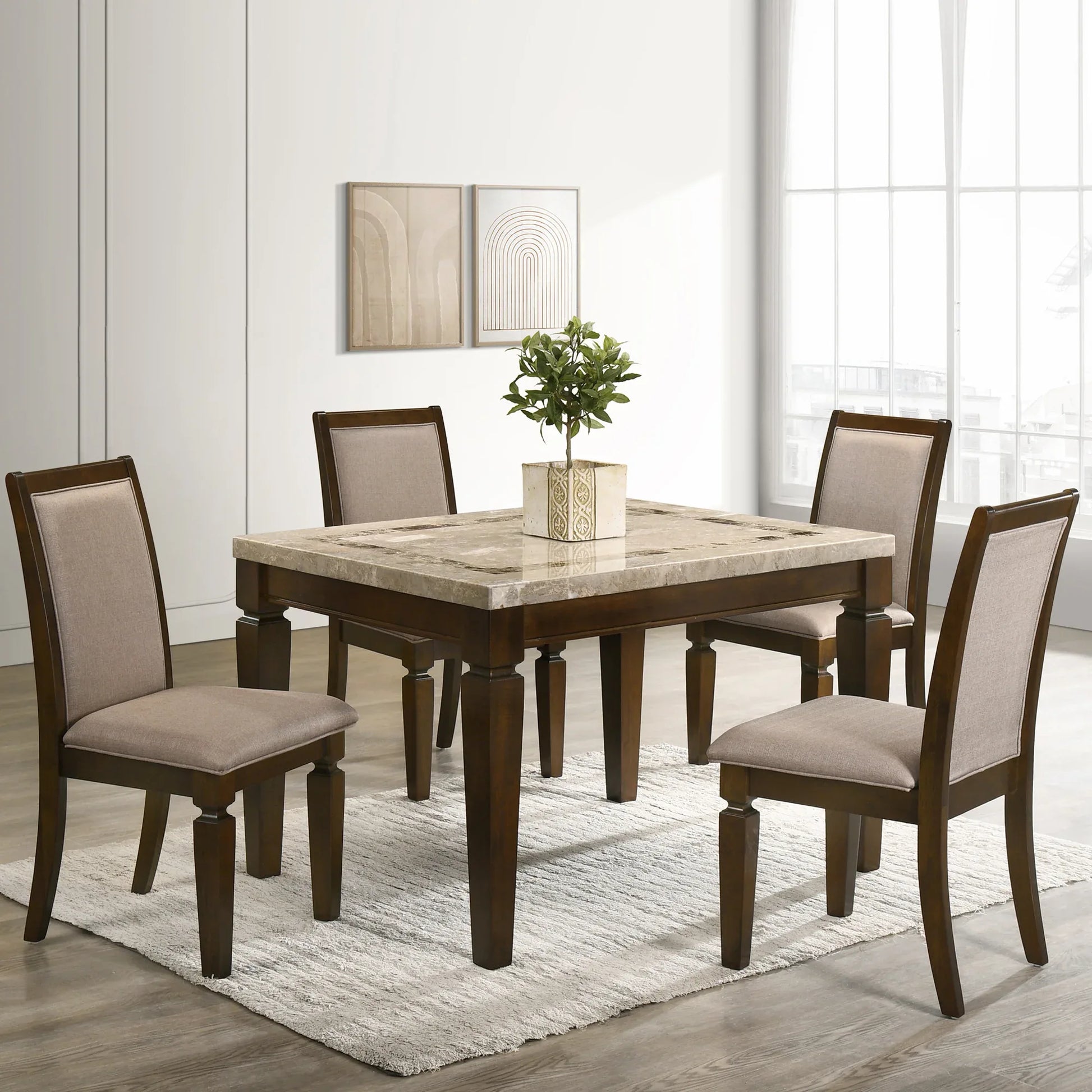 Bliss Marble Top Seater Dining Set with Inlay in Beige Colour