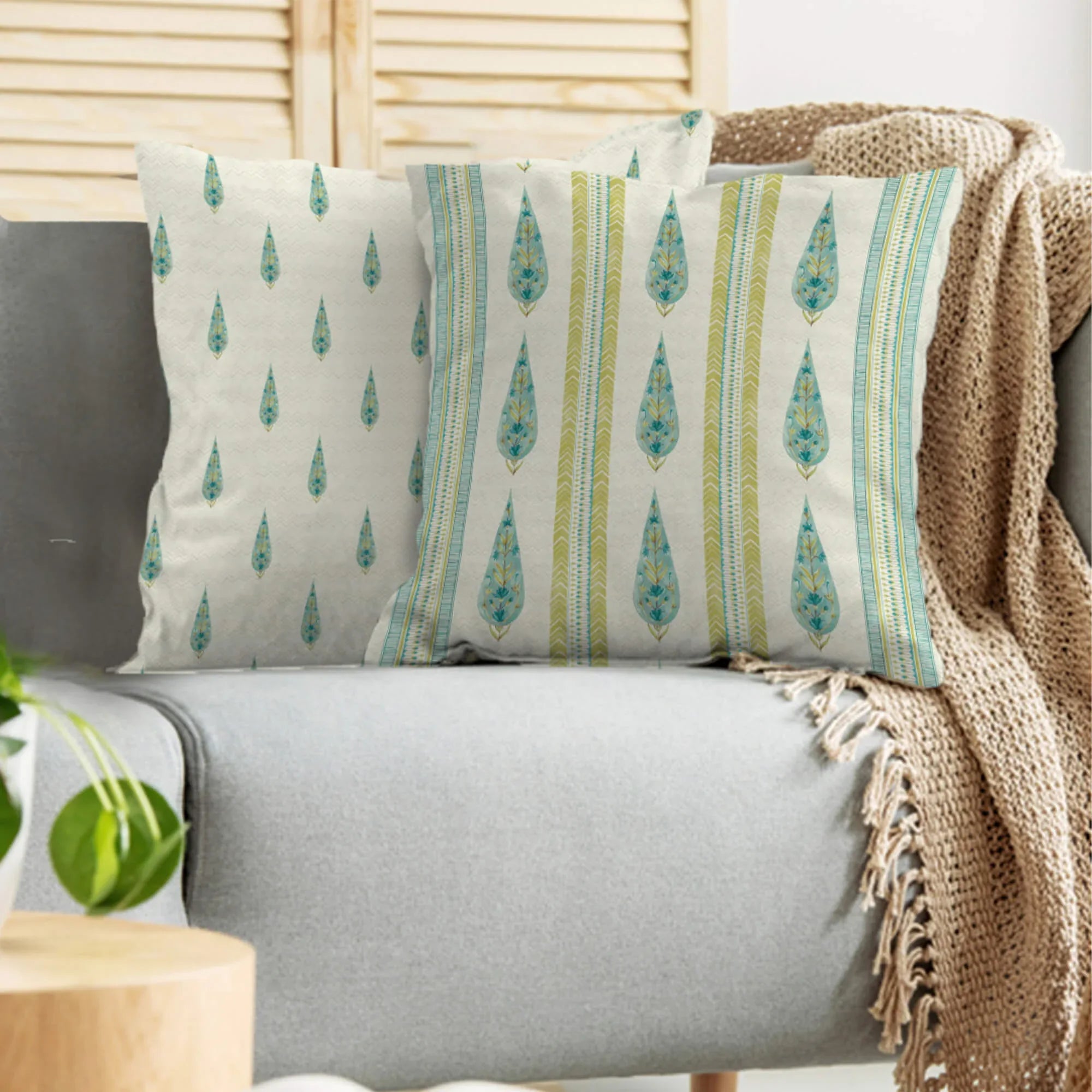 Indian Botanical Reversible Stripe Digital Printed Cushion Cover 40x40 Cm in Aqua Colour - HomeTown