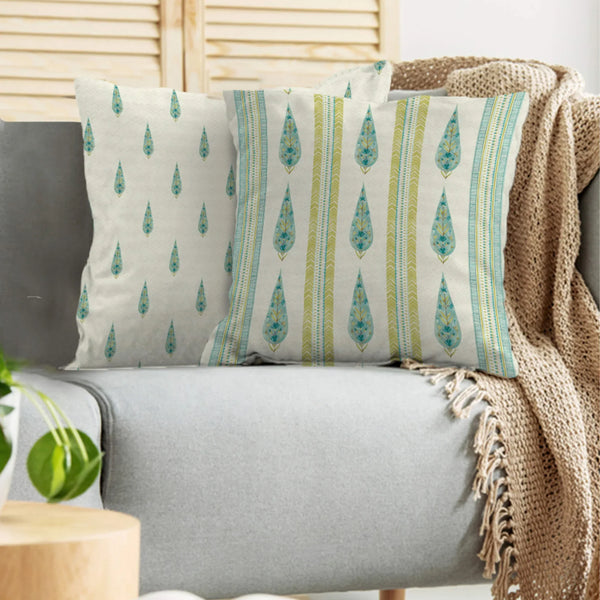 Indian Botanical  Reversible Stripe Digital Printed Cushion Cover 40x40 Cm in Aqua Colour dimensions
