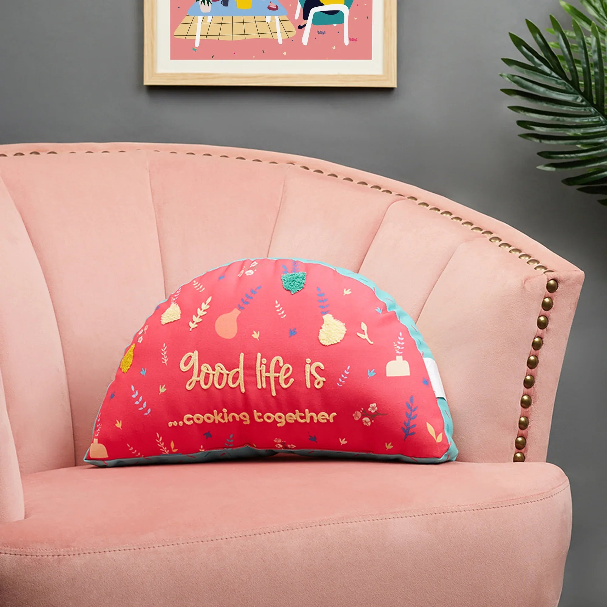 Good Life Reversible Cooking Together Digital Printed Shaped Cushion 27x47 Cm in Fuchsia Colour - HomeTown