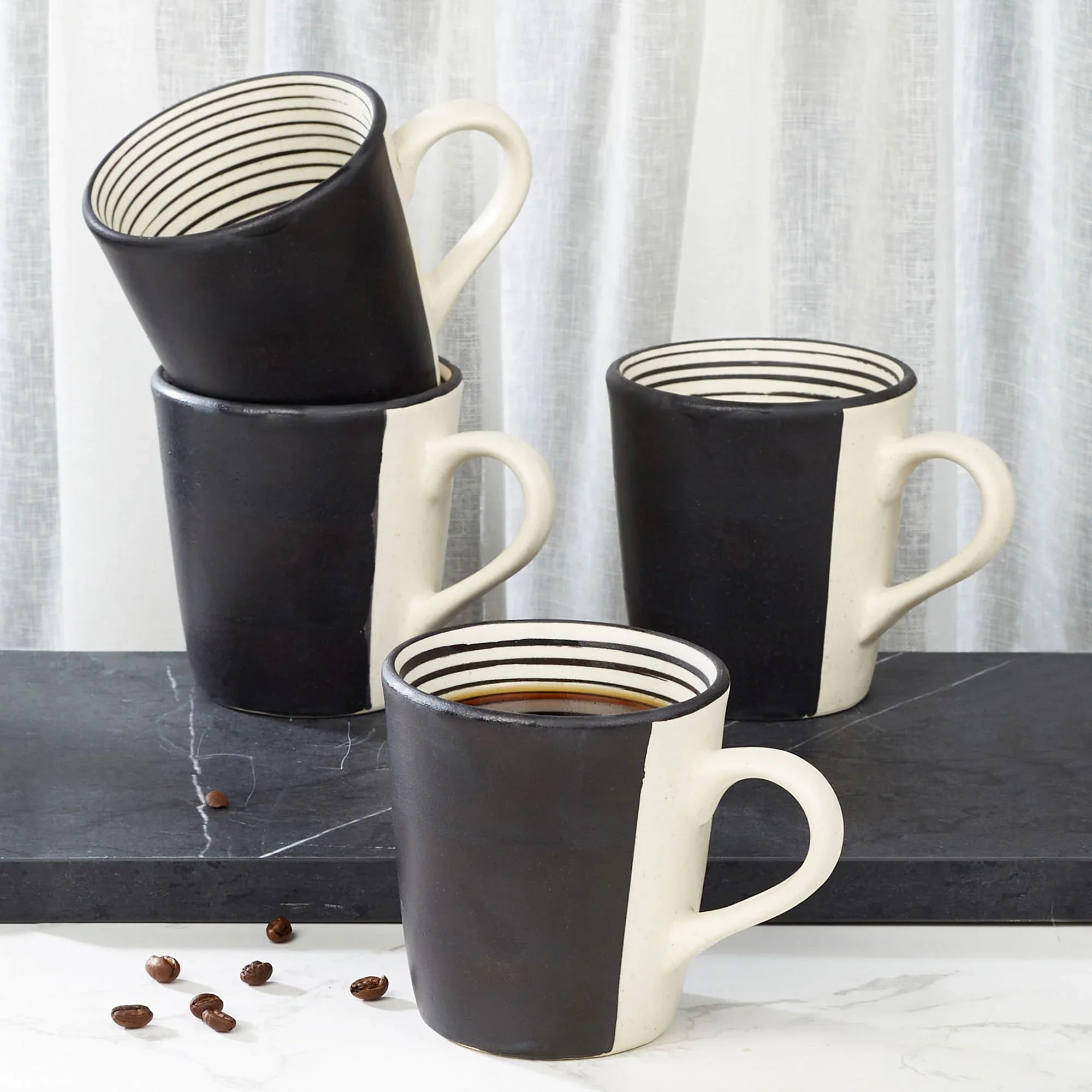 Artisanal Studio Pottery Stoneware Coffee Mug Set of 4 in Black & Ecru Colour - HomeTown