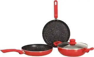 Milano 4 pcs Non Stick Aluminium Cookware Set in Black/Red Colour - HomeTown