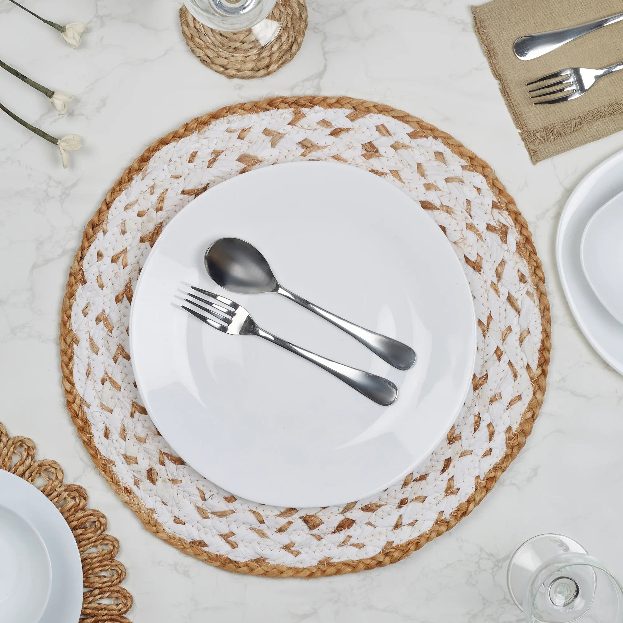 Ebony Handmade Recycled Fabric Placemat Dia 38 Cm in White Colour - HomeTown