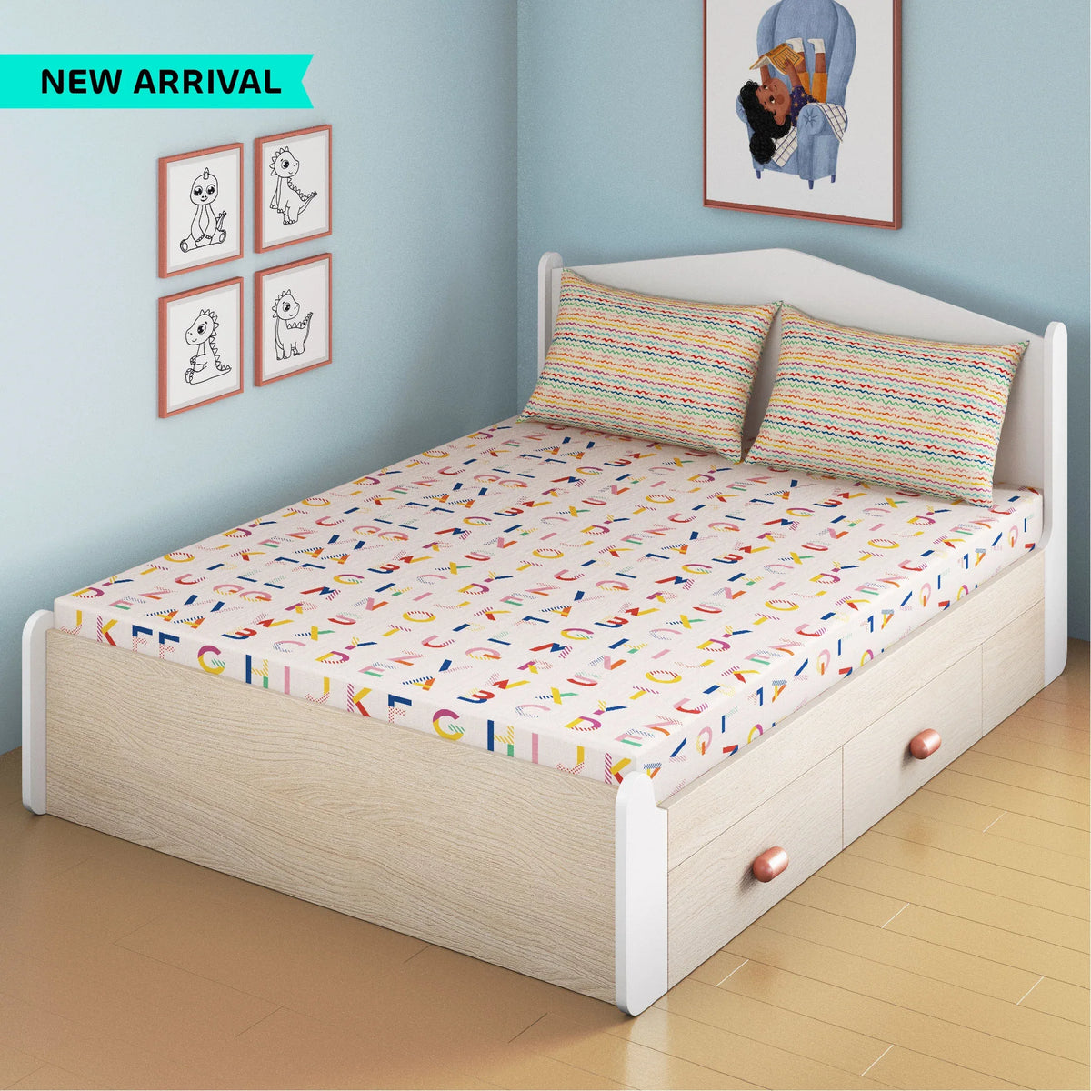 Crossword Scrabble Bamboo Cotton Queen Fitted Bedsheet in Multi Colour - HomeTown