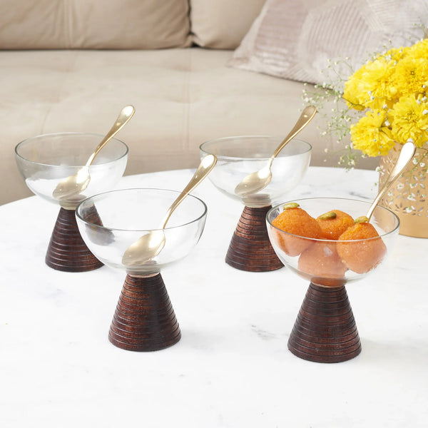 Living Essence Ice Cream Glass Bowl with Wooden base Set of 4 with Spoons dimensions