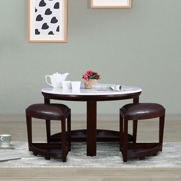 Christine Marble Top Center Table With Two Stools in Brown Colour - HomeTown