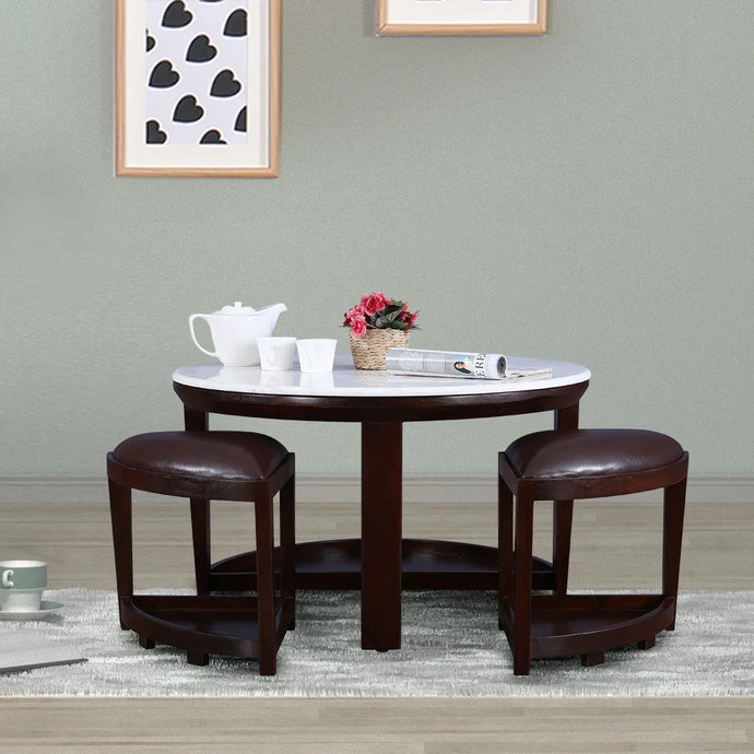 Buy Brown Center Table with Marble Top & 2 Stools Online