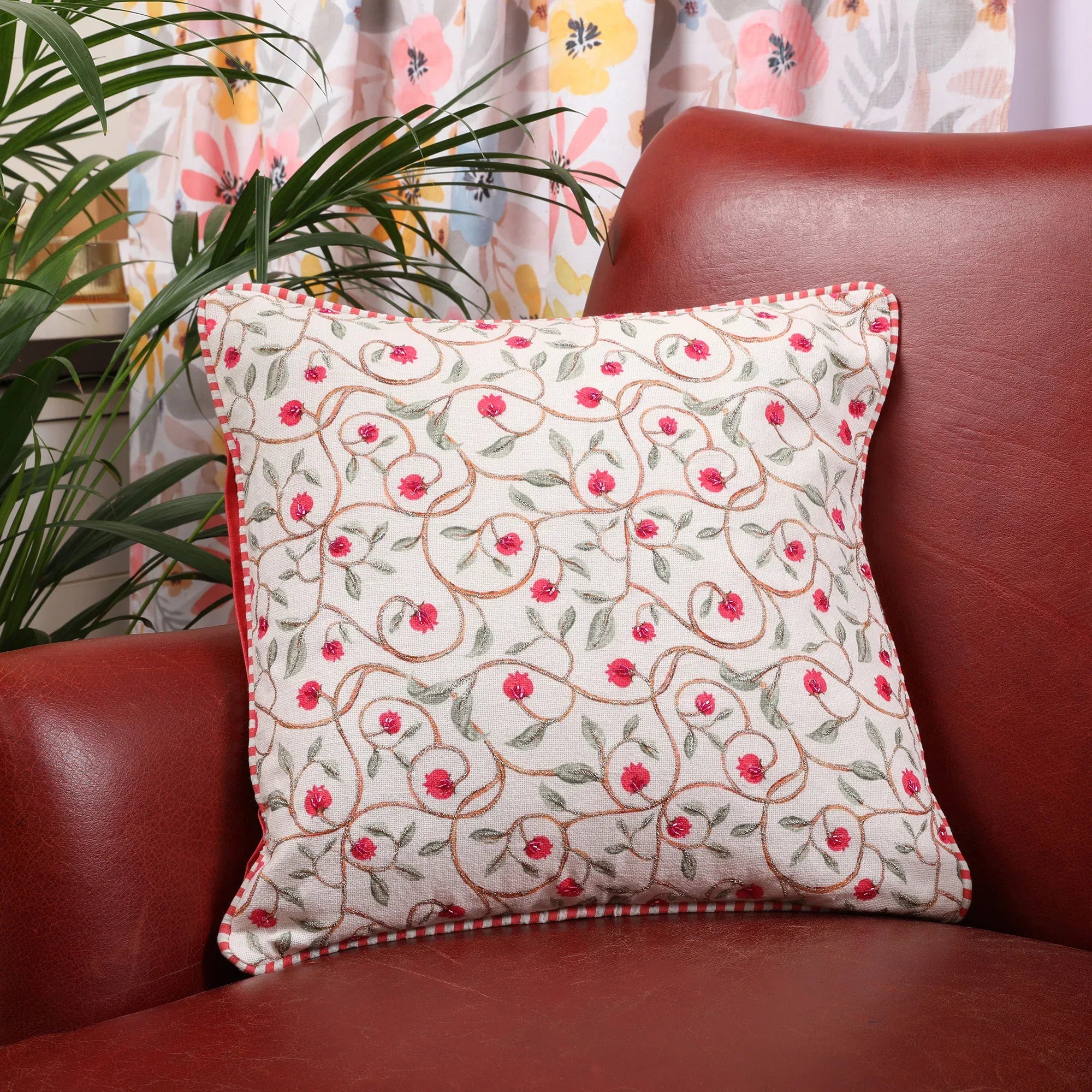 Indian Botanical Cotton Cushion Cover 40x40 cm in Multi Pink Colour - HomeTown