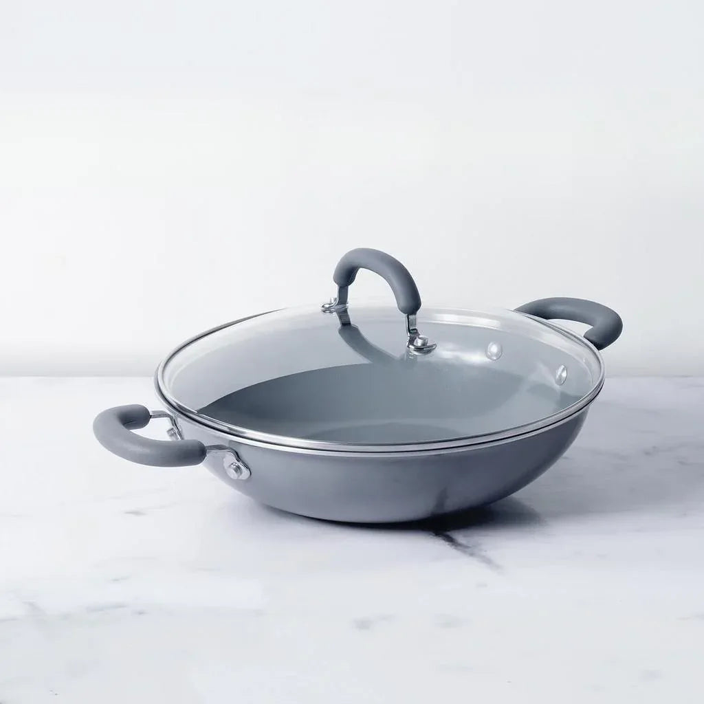 Anzen Ceramic Coated Aluminium Kadai With Lid 20Cm 1.69 Ltr in Grey Colour - HomeTown