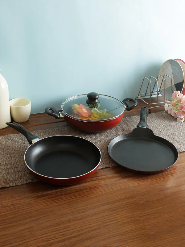 Topaz Non Stick Induction Bottom Cookware Set Of 4 , 1 Tava 26 Cm , 1 Fry Pan 24 Cm ,1.7 Ltr , 1 Kadai 2.7 Ltr  With Glass Lid in Red Colour dimensions