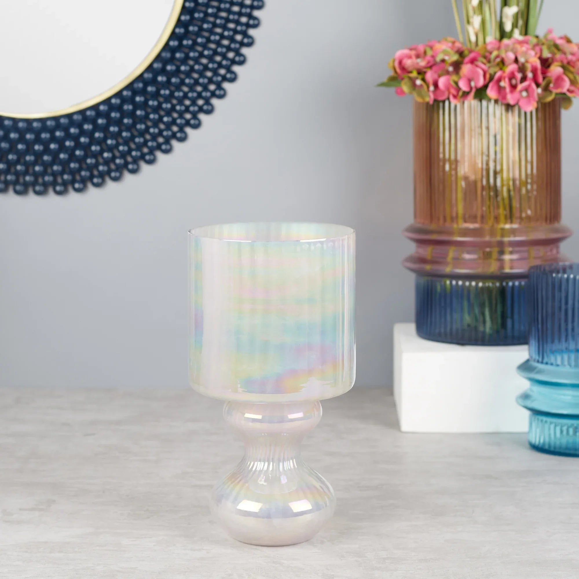 Phiona Glass Fluted Handcrafted Hurricane 29 Cm in Blush Colour - HomeTown