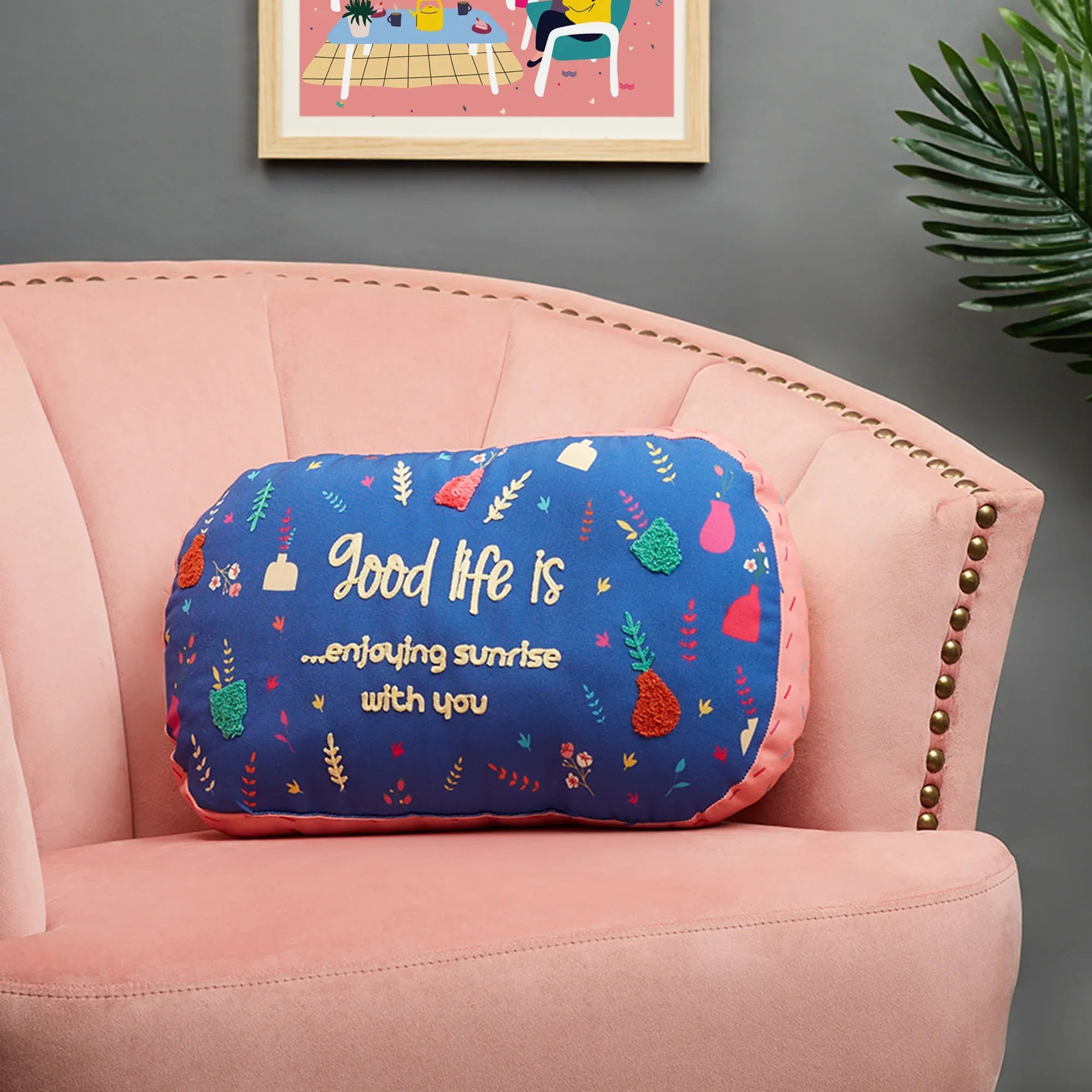 Good Life Reversible Sunrise Digital Printed Shaped Cushion 28x45 Cm in Navy Colour - HomeTown