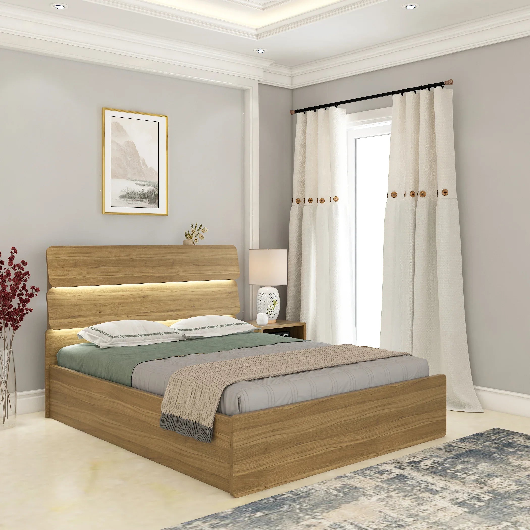 Freya King Bed With Box Storage in Natural Teak Colour - HomeTown
