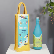 Good Life Jute Reversible Stay Hydrated Printed Zuco Bottle Bag 12 x 35.5 Cm in Turq & Yellow Colour - HomeTown
