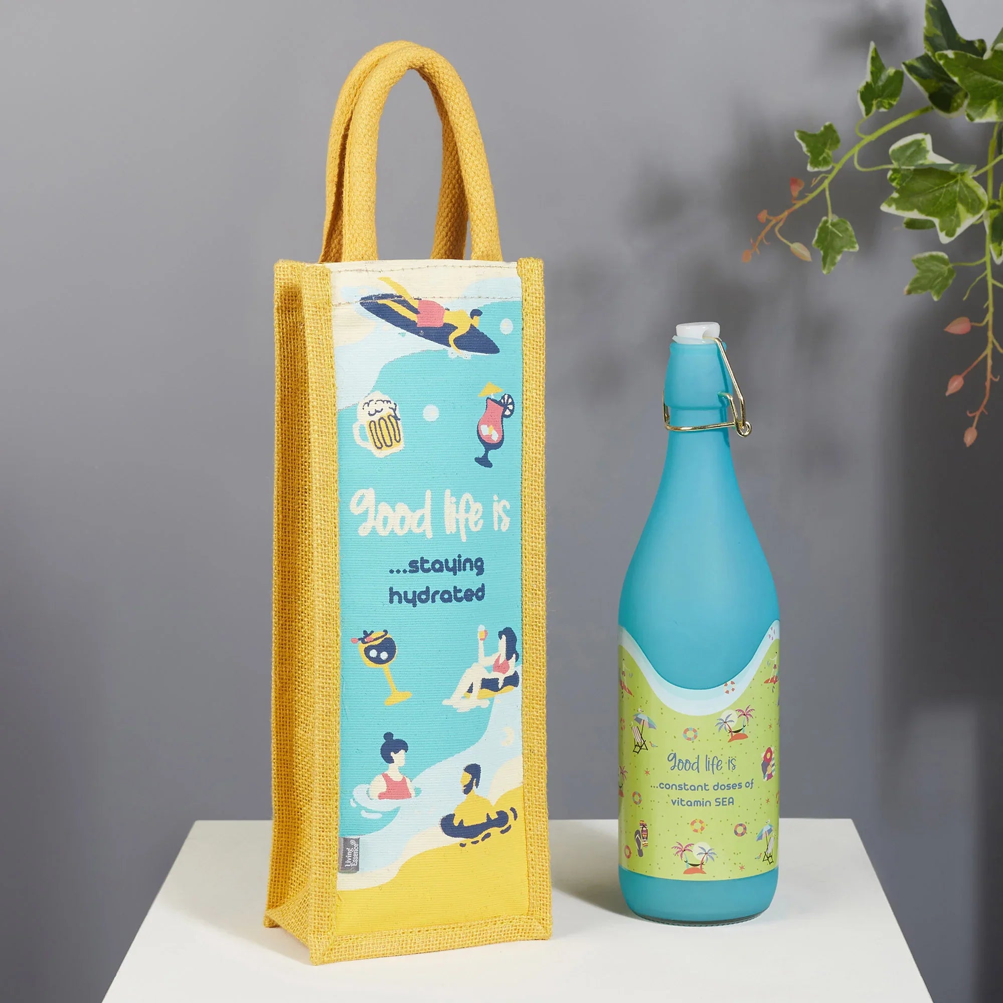 Good Life Jute Reversible Stay Hydrated Printed Zuco Bottle Bag 12 x 35.5 Cm in Turq & Yellow Colour - HomeTown