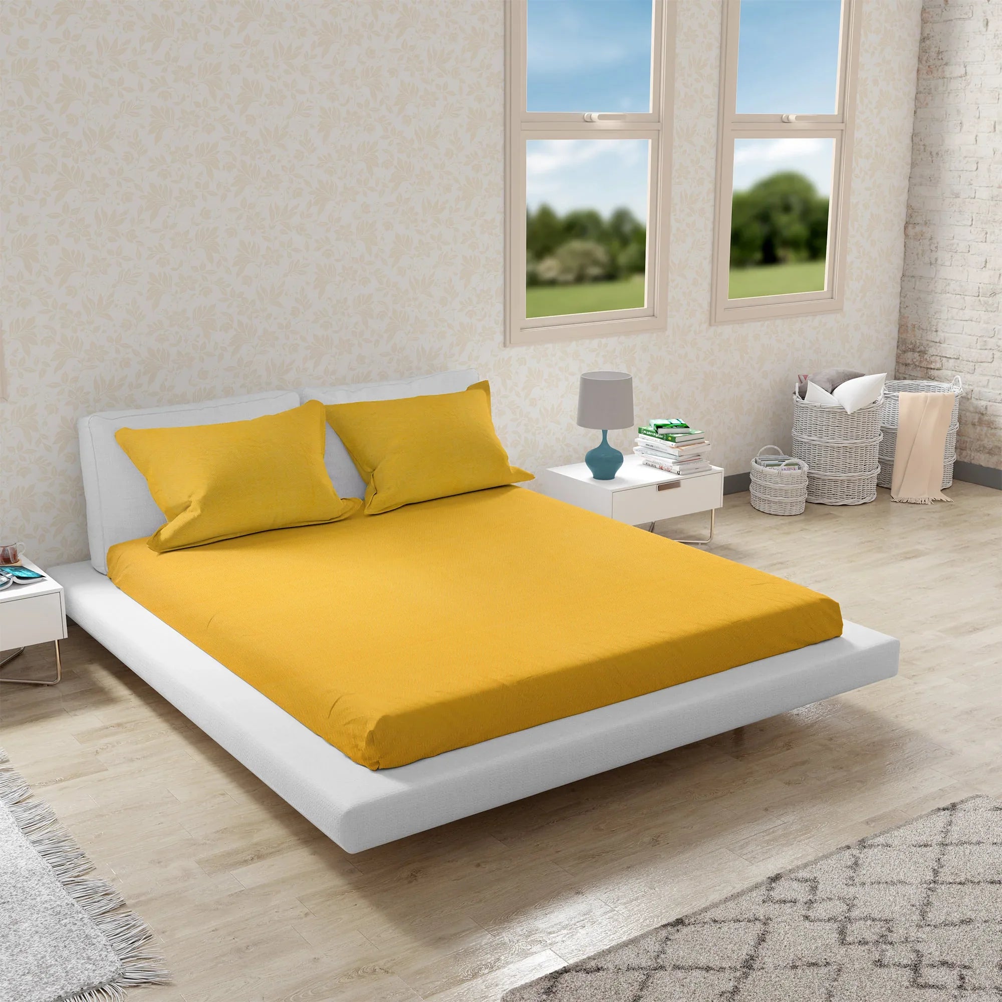 Emilia 100% Cotton Queen Double Bedsheet in Mustard Colour - HomeTown