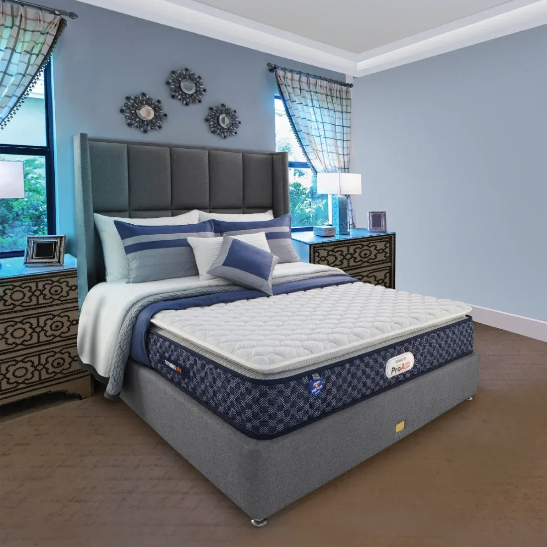 Pro Activ Jump Pillow Top Bonnell Spring Double Mattress 78x48x6 Inch in Blue & Grey Colour - HomeTown