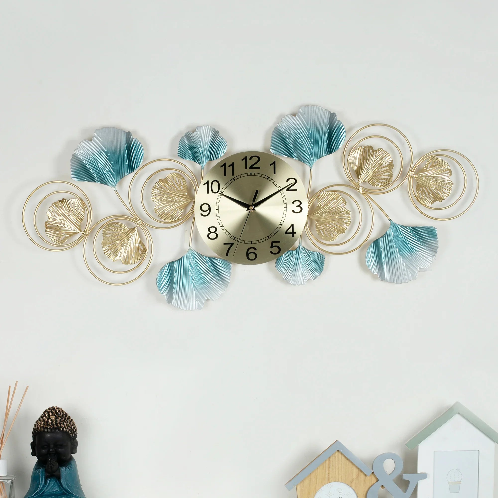 Rhythm Metal And Aluminum Gingko Magna Wall Clock in Seagreen & Gold Colour - HomeTown