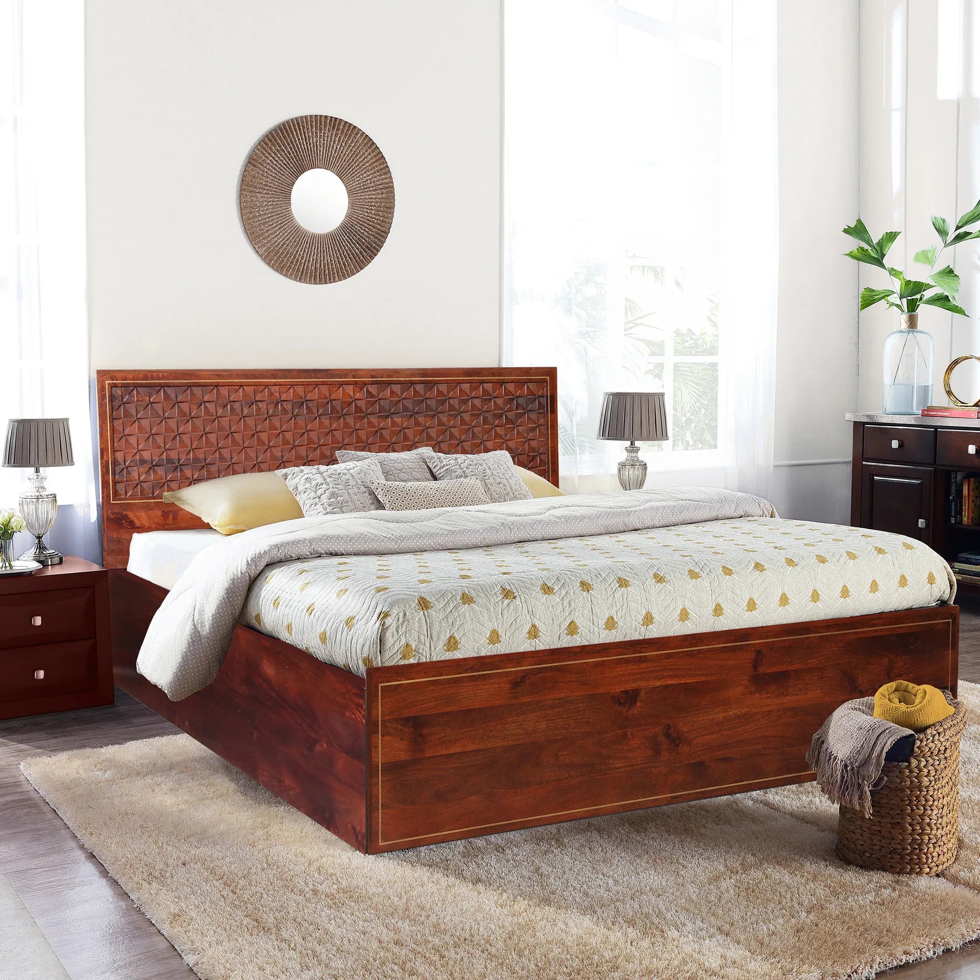 Phoolkari Sheesham Wood Queen Bed in Honey Finish Colour - HomeTown