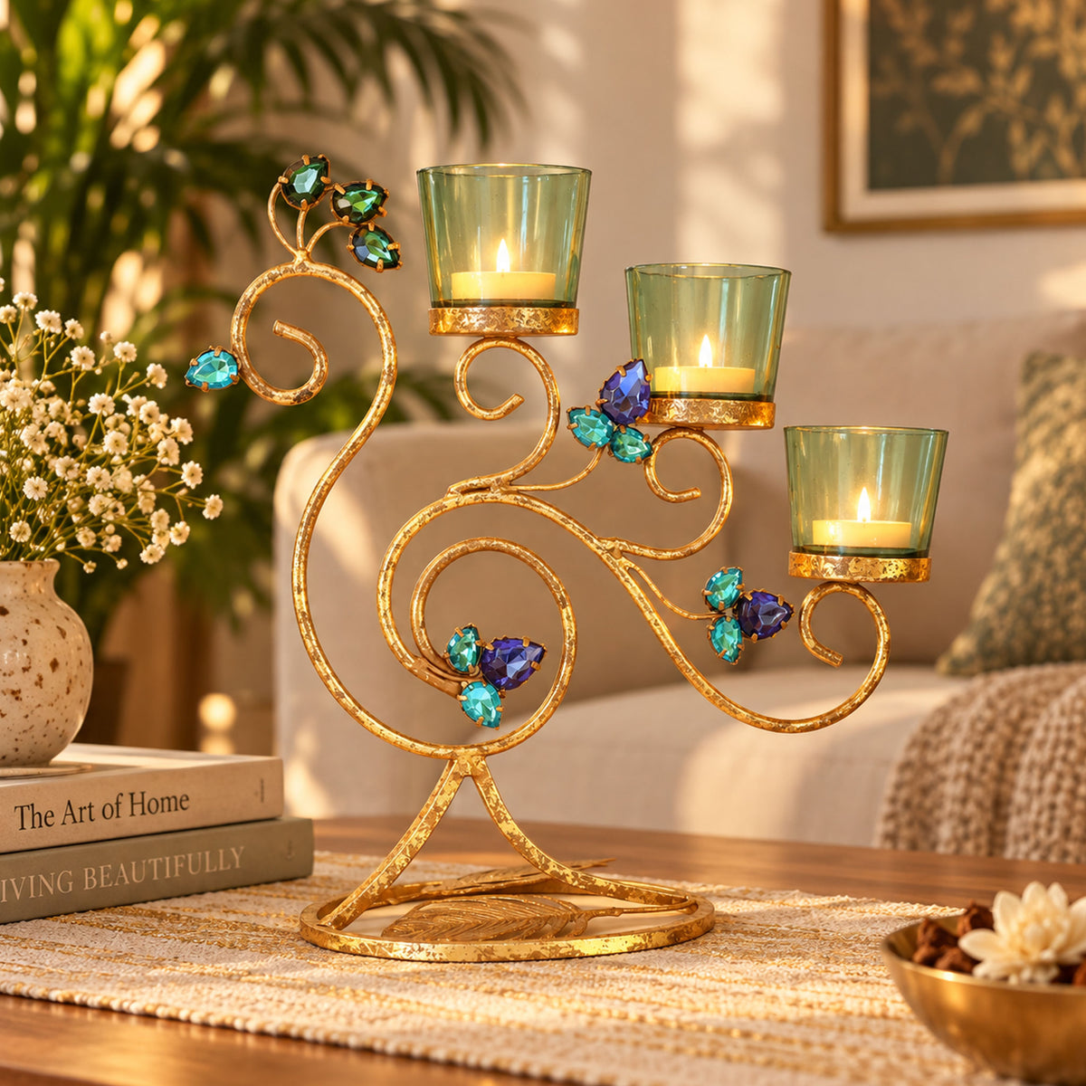 CGI Luxe Utsav Peacock Trpl Votive Gold Finish | 25.5X11.5X29 cm