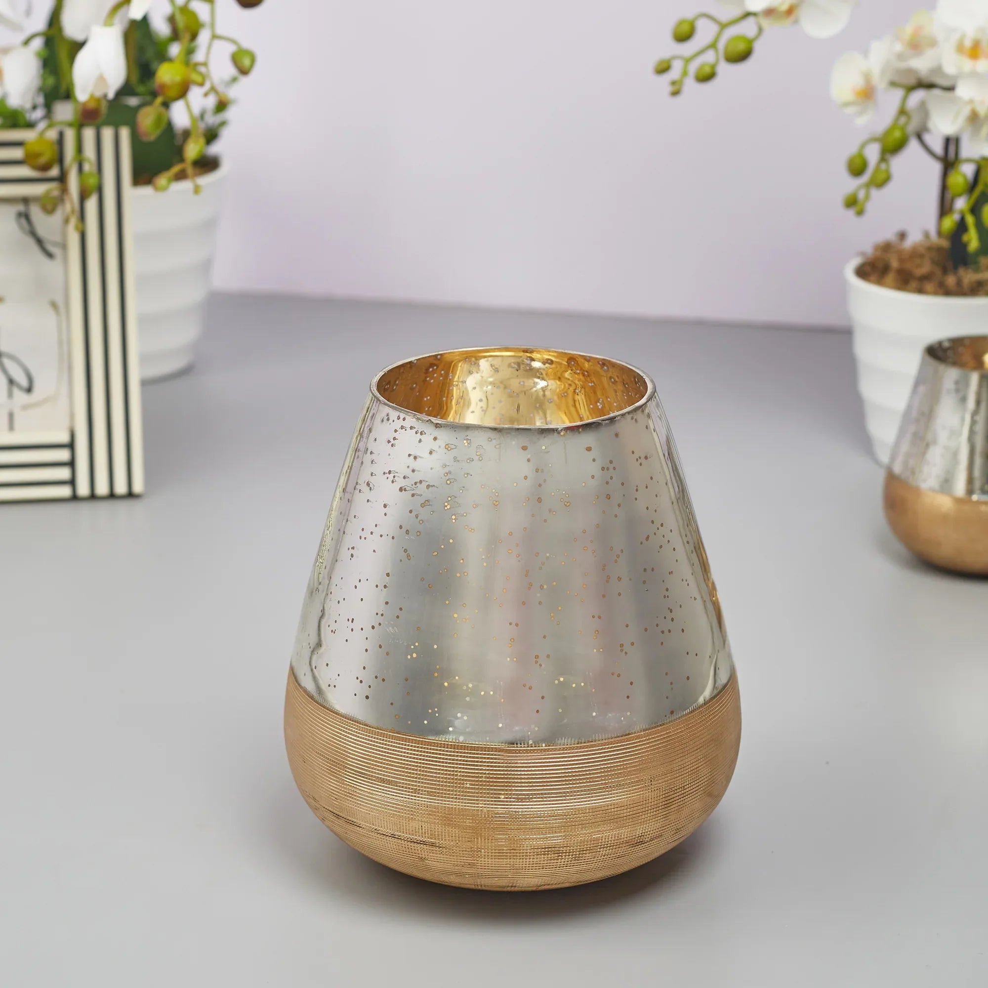 Phiona Glass Textured Handcrafted Mercury Vase 21 Cm in Gold Colour - HomeTown