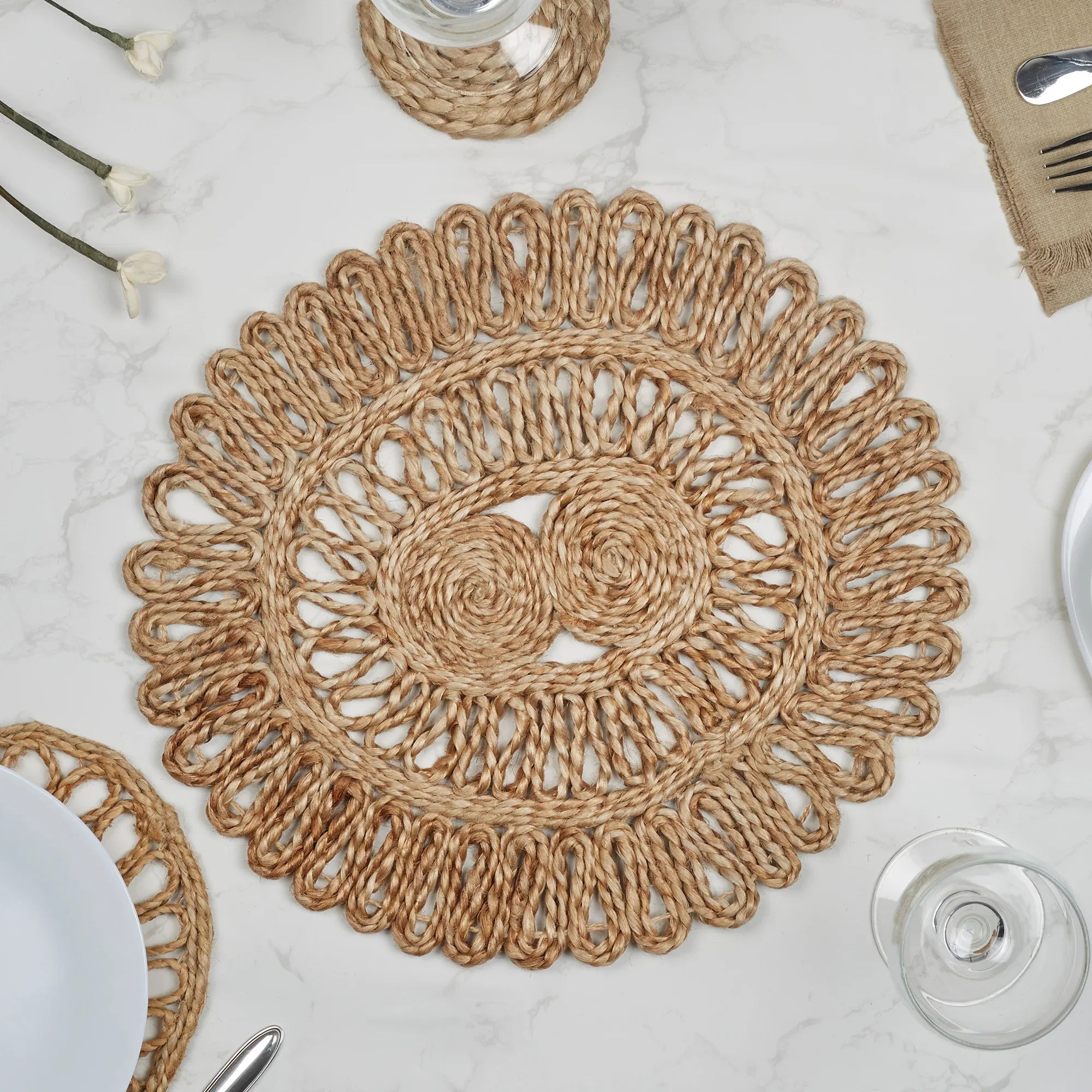 Boho Handmade Jute Placemat Dia 30 Cm in Natural Colour - HomeTown