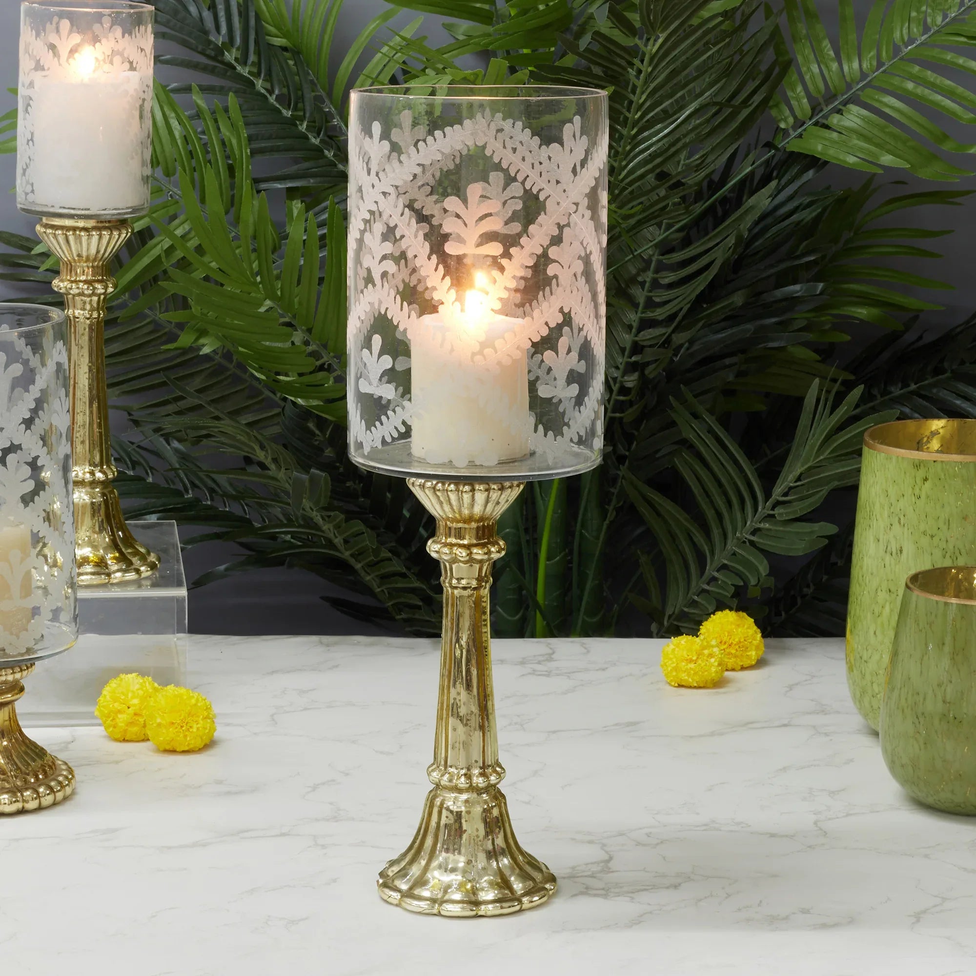 Phiona Glass Etched Handcrafted Hurricane 49 Cm in Gold Colour - HomeTown