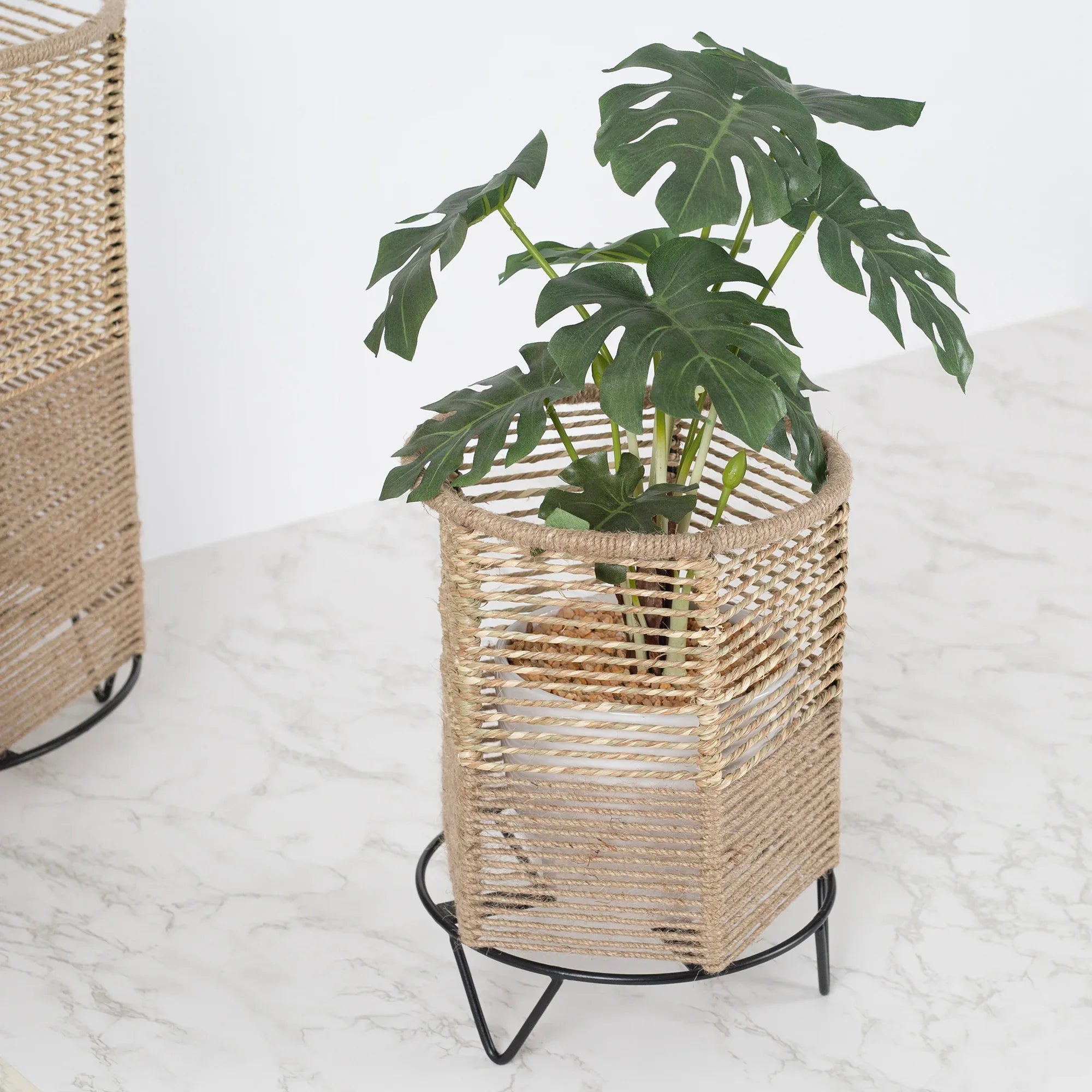 Boho Metal And Natural Fiber Planter Stand 27Cm in Brown Colour - HomeTown