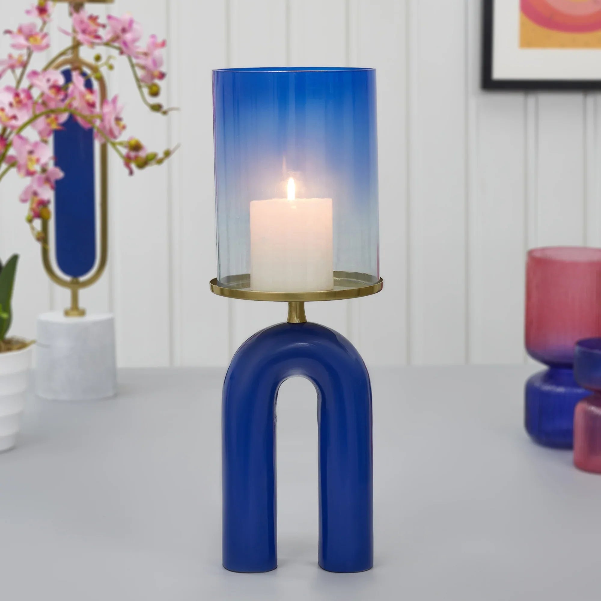 Athena Aluminium and Glass Rainbow Candle Holder 15x41 Cm in Navy Blue Colour - HomeTown