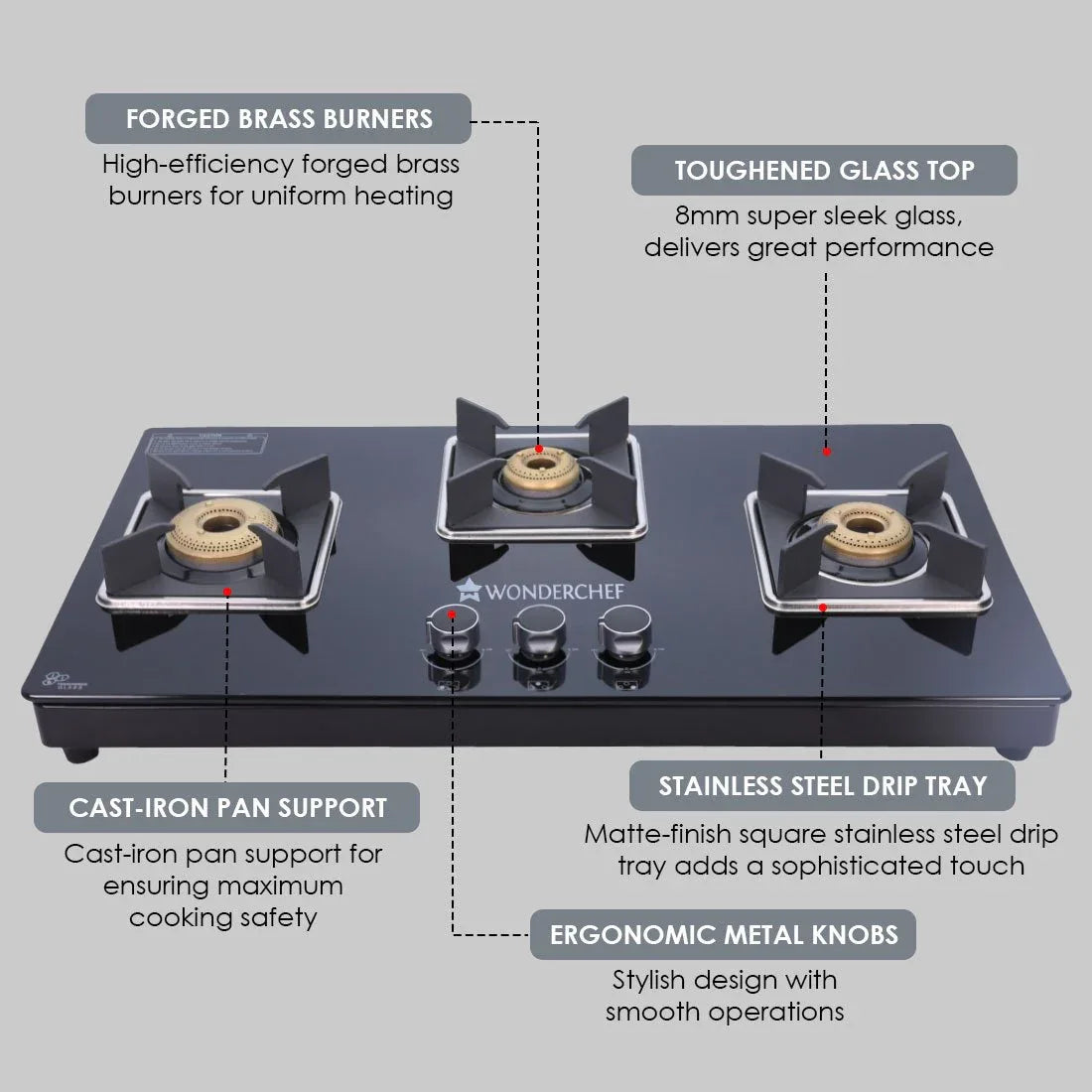 Octavia 1 - Gas Stove, 3 - Forged Brass Burners, 3 - Heavy duty pan support in Black Colour - HomeTown